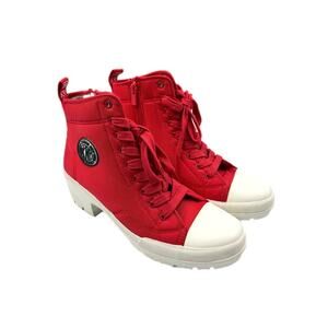 DKNY Pandie Lace Up Combat Lug Sole Red Nylon Logo Utility Streetwear Heel Boots